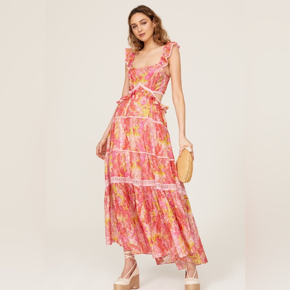 LoveShackFancy Madsen Floral Cutout Maxi Dress Pink Orange Tiered Cotton Silk L - Picture 2 of 12